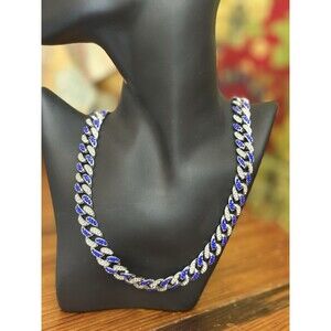 Statement Royal Blue Clear Rhinestone Hip Hop  Style Chain Necklace Silver Tone